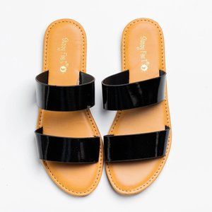 Sunny Feet Women Leather Patent Summer Slip On Slides - Black - Size 8.5